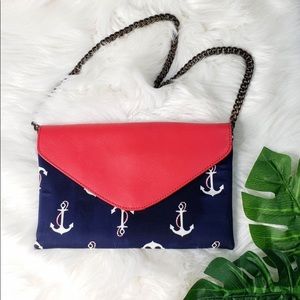 J Crew Navy and Red Anchor Purse